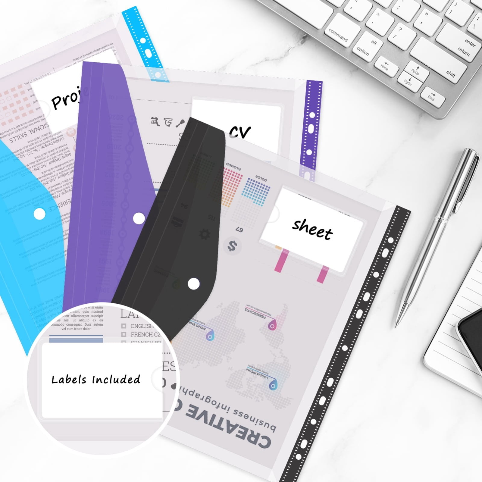 12 Pcs Binder Pocket,Heavy-Duty Transparent Plastic Envelopes Binder Folders,11 Holes Expandable Binder Folders,Loose-Leaf Document Pouch with Snap Button & Label Pocket,Binder Dividers,Mixed 12PCS