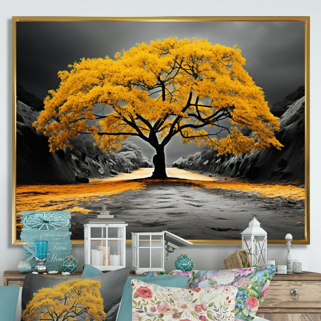 Designart Forest framed wall Art, Yellow And Grey Tree euphony , Forest framed wall art decor, Yellow Traditional Gold framed wall art, 44x34 inches Gold Frame
