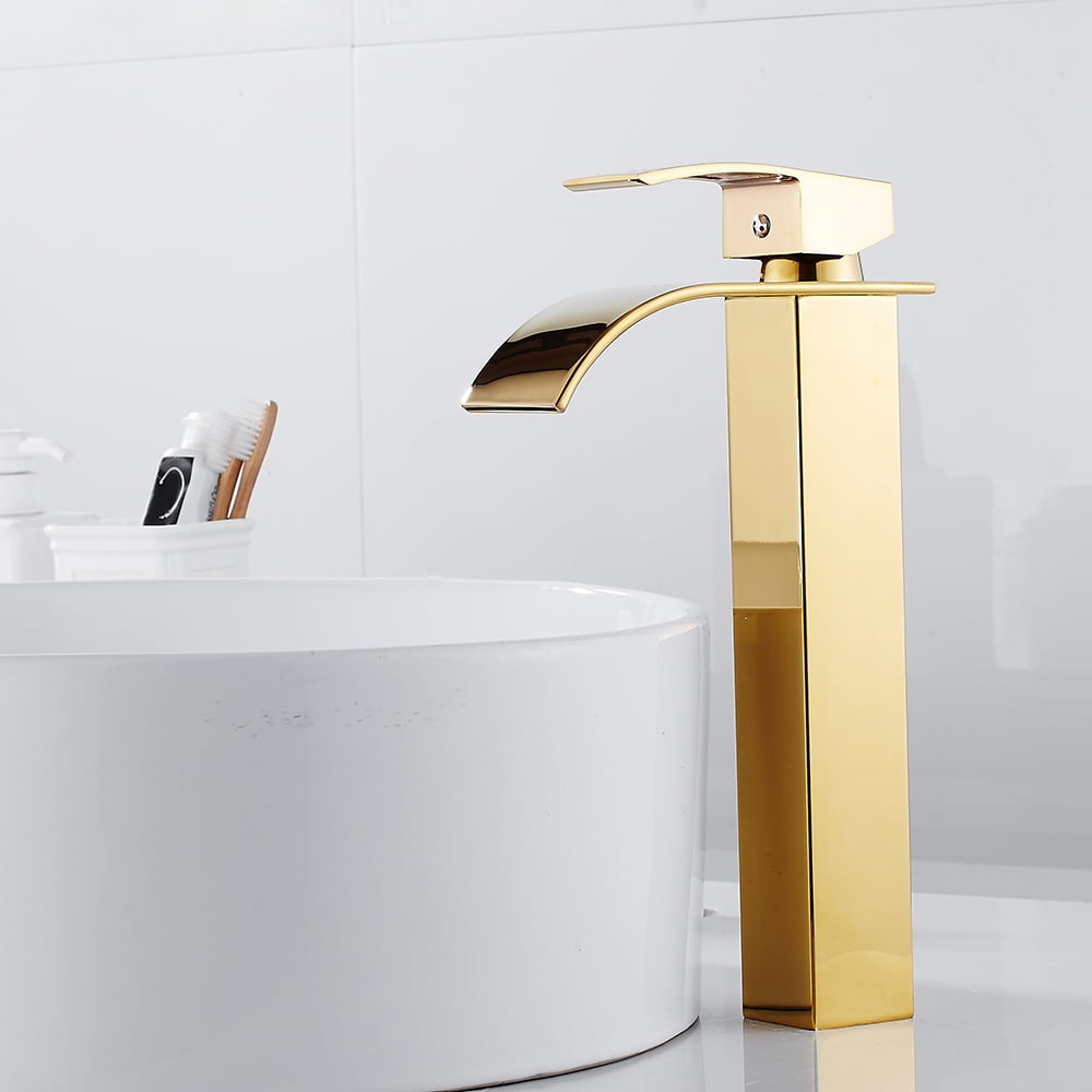 Square Gold Polished Bathroom Basin Waterfall Faucet Washroom Vanity Mixer Tap