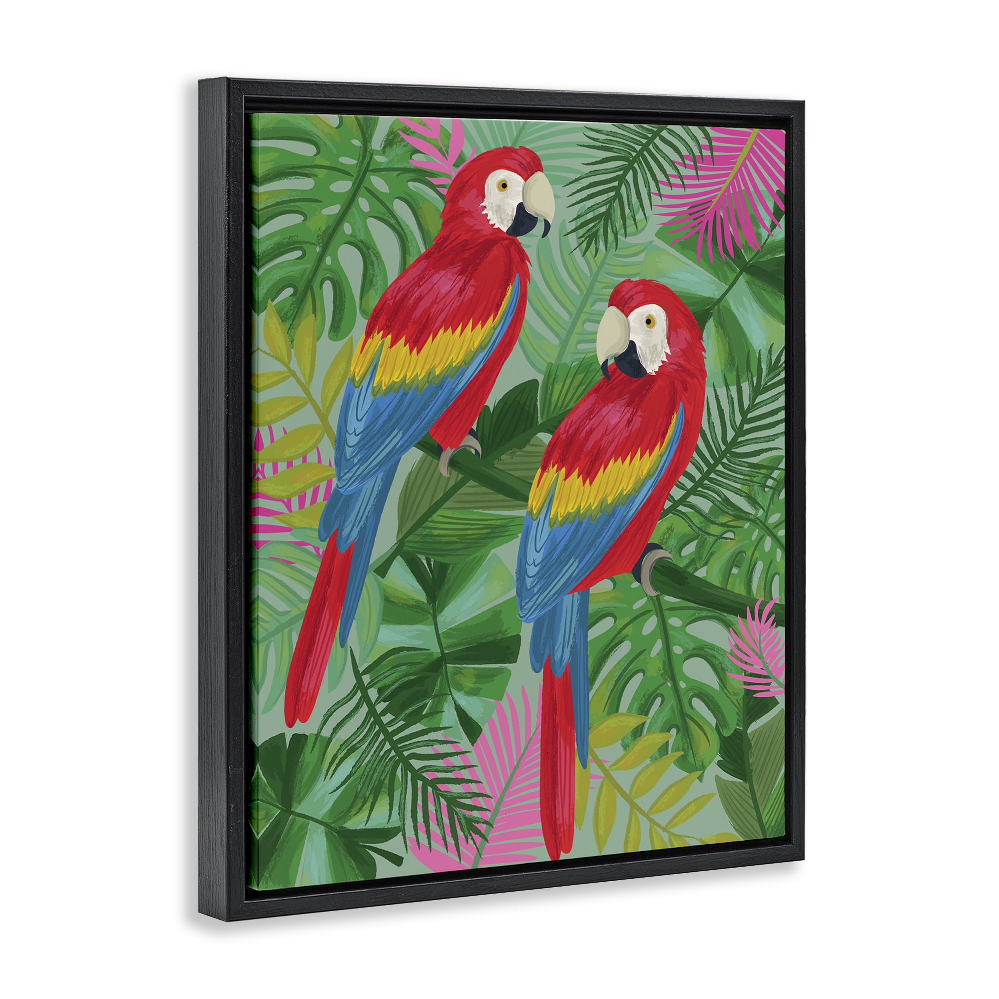 Stupell Industries Pink Paradise Parrots Animals Painting Black Floater Framed Canvas Art Print Wall Art, 17 x 21