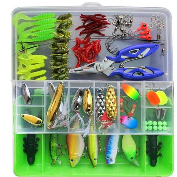 Yhmxh Fishing Gear Mens Gifts Camping Essentials 101pcs Trout Fishing Lures Crankbaits Set Kit Soft and Hard Bait Hooks+ Box Metal Sequins