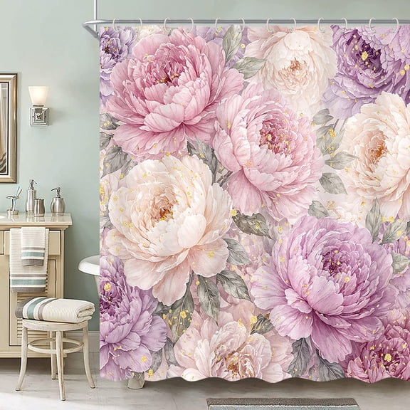Watercolor Pink Purple Flower Shower Curtain - Romantic Blush Floral Bathroom Curtain Waterproof Fabric Set with 12 Hooks for Boho Bathroom Decor,47X64in