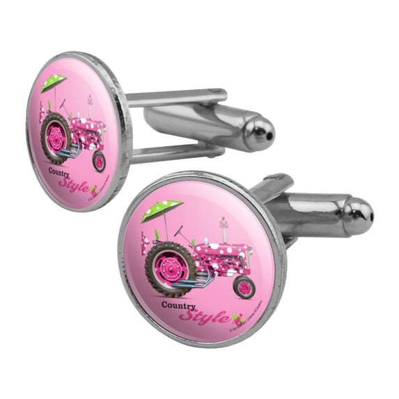 Farm Tractor Country Style Pink Polka Dot Farming Round Cufflink Set Silver Color