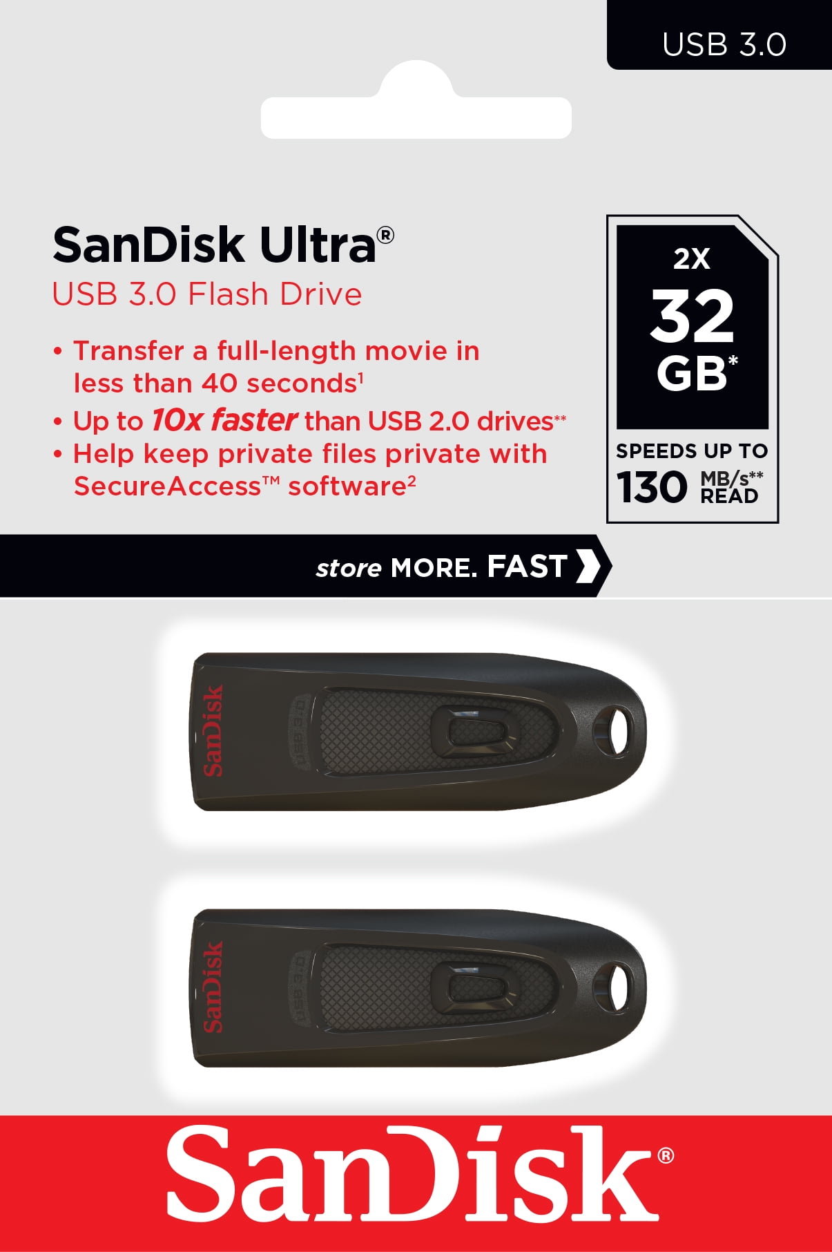 SanDisk 32GB Ultra USB 3.0 Flash Drive - 130MB/s - 2 Pack - SDCZ48