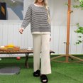 thumbnail image 4 of Knit Lounge Set for Women 2 Piece Striped Loungewear Sweater Cardigan and Wide Leg Pants Outfits Fall Casual Loose Suits (Beige Free Size), 4 of 4