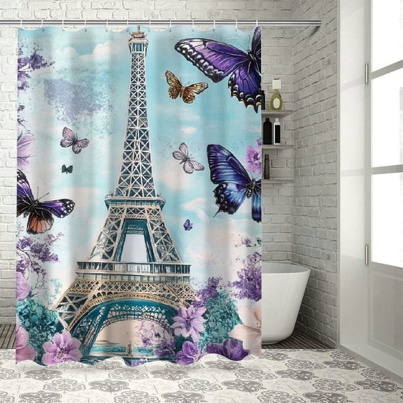 Patifu Eiffel Tower Butterflies Flowers Shower Curtain Set with Hooks 36"x72