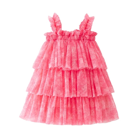 Ulitacool Girls Holiday Dresses Round Neck Sleeveless Floral Holiday Party Outfit Tiered Mesh Dress Dance Party Dresses Lovely Playsuit Pink 2-3 Years