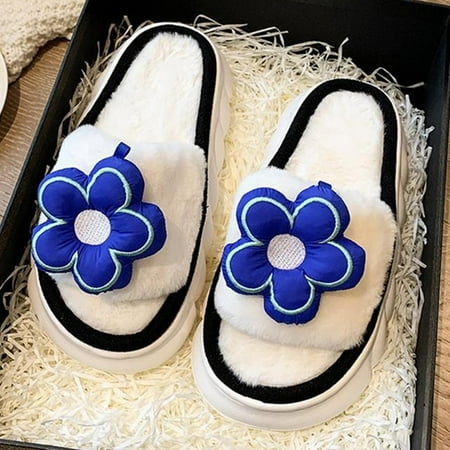 

PIKADINGNIS 2022 Platform Height 4cm Fluffy Fur Slippers Women Winter Warm Lovely Flowers Upper Design Plush Home Slippers Women Shoes