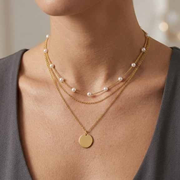 Dainty Layered Necklace for Women, 14K Gold Plated Pearl Choker and Circle Pendant Necklace, Adjustable 3 Layer Stack Set