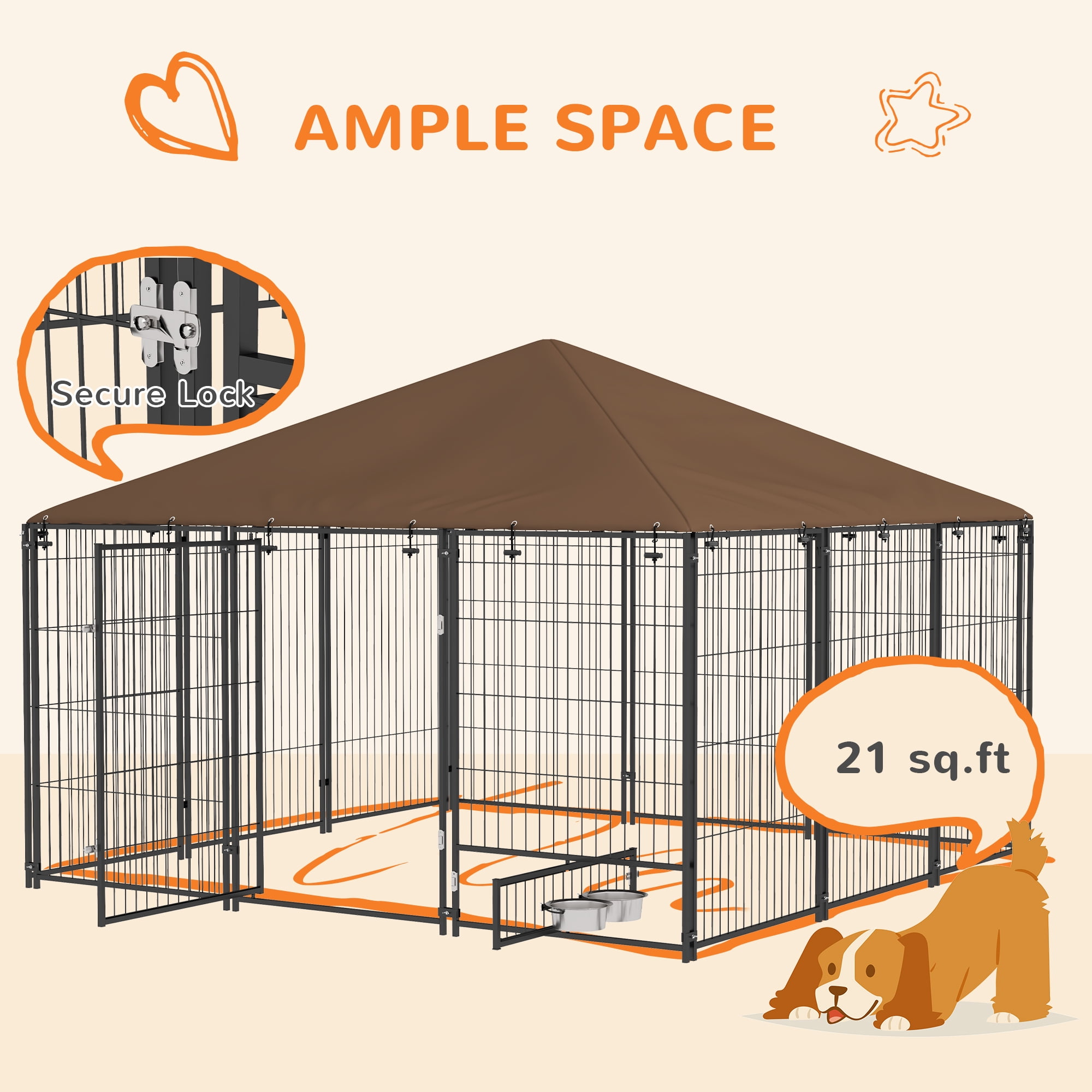 ZephyPaws 7X7FT Dog Kennel Outside with Feeding,Heavy Duty Outdoor Dog Crate with Door,Durable Dog Cage with Roof & Double Lock,Black