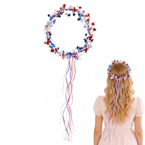 Sparkling Americana Star Crown with Flowing Ribbons, A Commemorative Headband, Red White Blue Star Hair Accessory