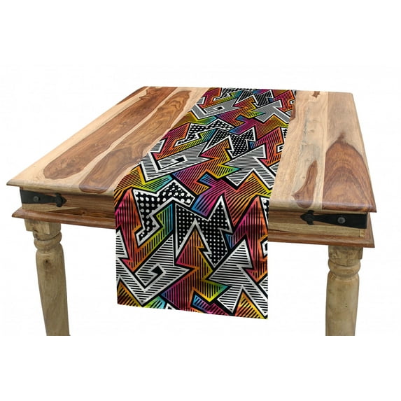 Retro Table Runner, Colorful Pop Art Inspired Illustration of Whimsical Striped and Polka Dotted Shapes, Dining Room Kitchen Rectangular Runner, 3 Sizes, by Ambesonne