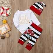 Spring Newborn Baby Girls Romper Tops Striped Pants Trousers Hat Flower Outfits Clothes