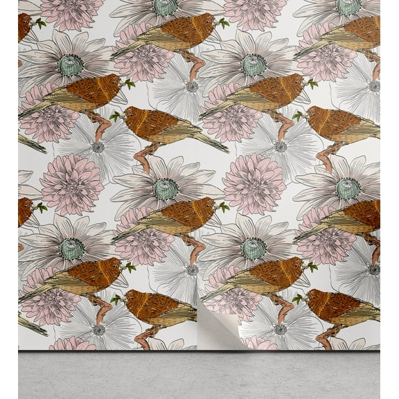 Ambesonne Birds and Nature Peel & Stick Wallpaper for Home, Art Sketchy Flower, 13"x36", Paprika Pale Pink White