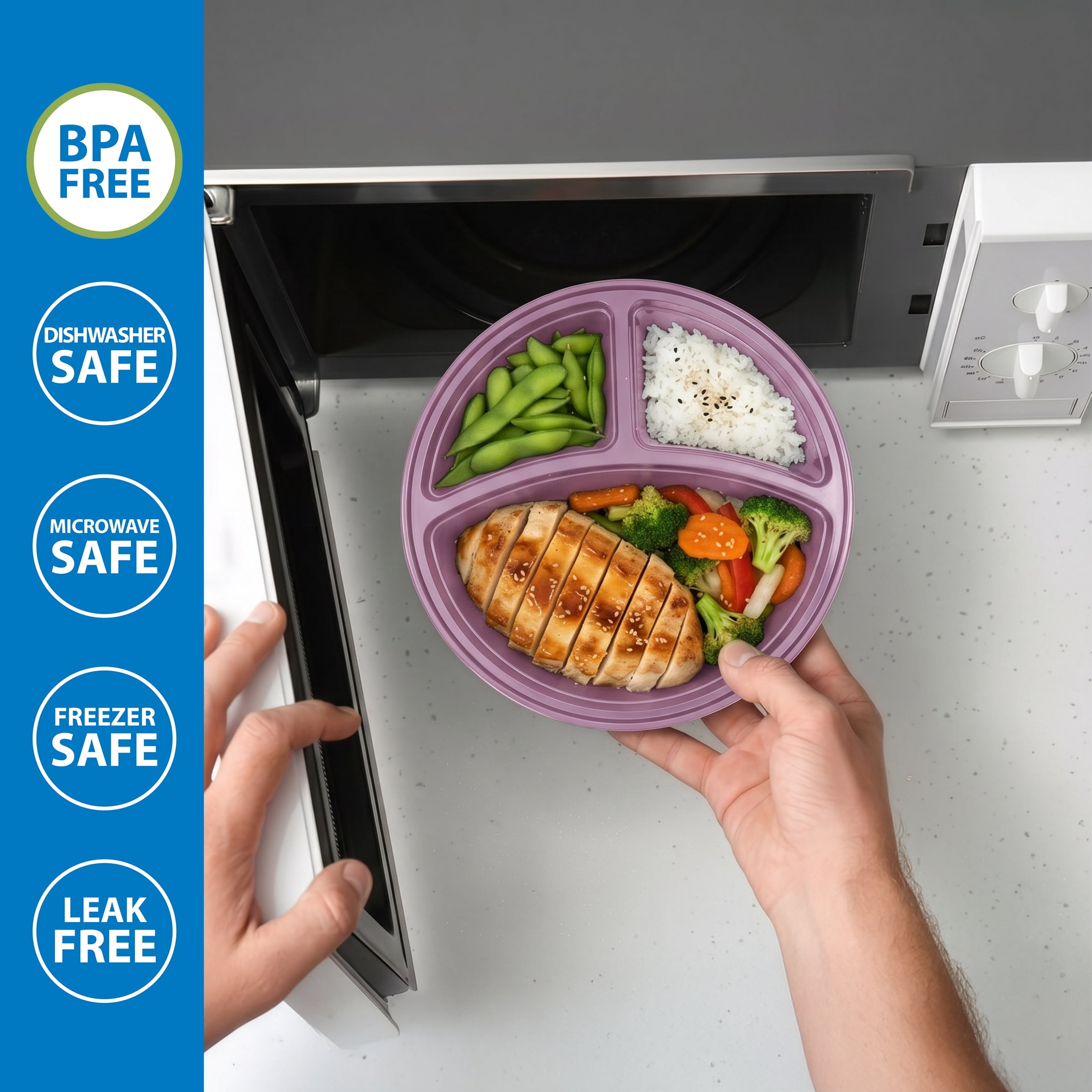 Mainstays 5-Pack 3-Compartment Round BPA-Free Plastic Meal Prep Food Storage Containers, 1L, Lilac Bloom