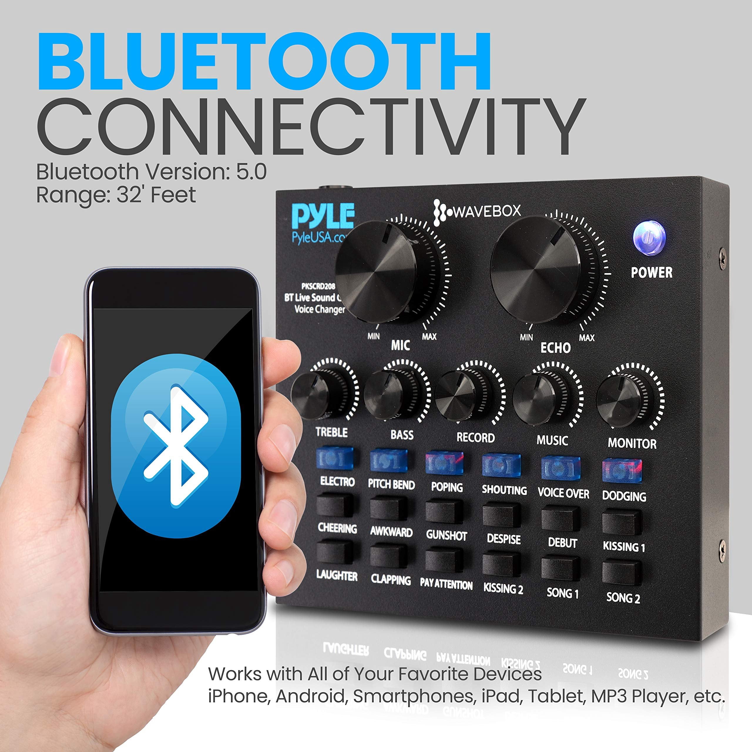 Pyle Bluetooth Mini Audio Podcast Mixer - Live Streaming For PC Computer iPhone Broadcasting Voice Changer V8 Sound Card with 12 Sound Effects,3 Inputs, Mic Input - PKSCRD208.5