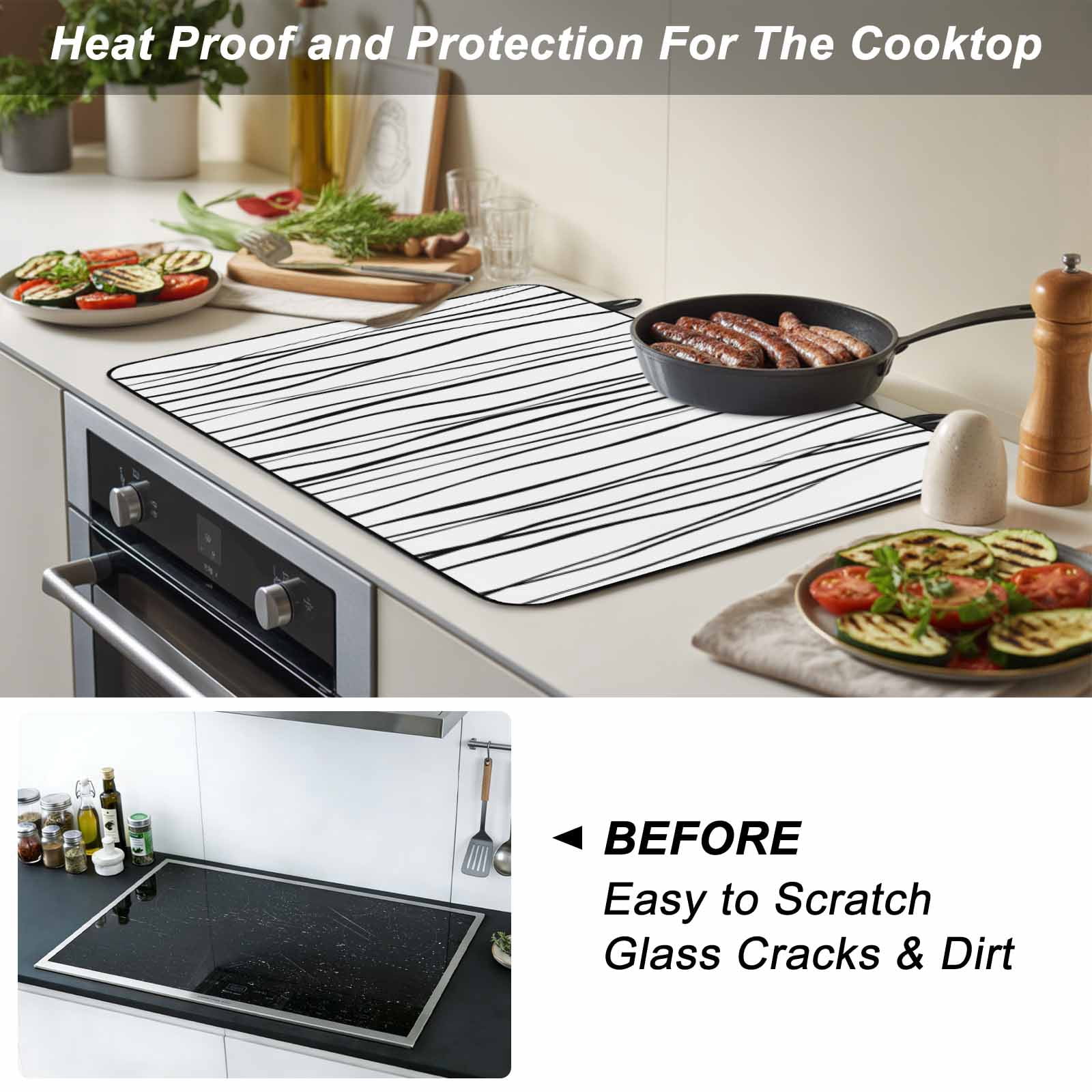 Black Stove Top Cover for Electric Stove, Heat-proof & Non Slip Glass Top Stove Cover Protector, Abstract Lines Gradient Minimalist Modern Texture Kitchen Flat Cooktop Rubber Mat 24x21 Inches