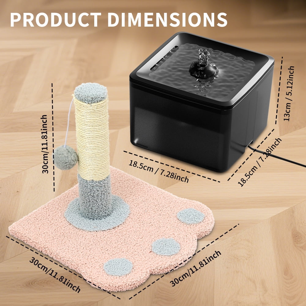 Automatic Pet Water Fountain + Scratching Tower, Ultra Quiet Circulating Drinking System with Fresh Flowing Water for Hydrated Cats Dogs, Black/3800ml