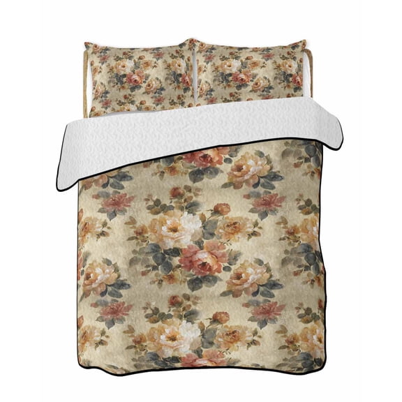 Quilts Twin-XL Size Bedding Set, Retro Orange Spring Floral Lightweight Quilted Comforter, Vintage Botanical Peony Farmhouse Soft Bedspread Coverlet with Pillow Covers for All Season, 68" x 98"