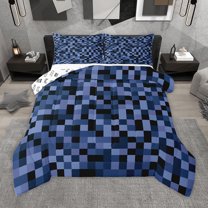Homewish Modern Abstract Geometric Queen Comforter Set,Pixel Buffalo Bedding Sets,Blue Chrckered Plaid Bedding Comforter Set For Teens,Luxury Bedroom Decor Reversible,3 Pieces