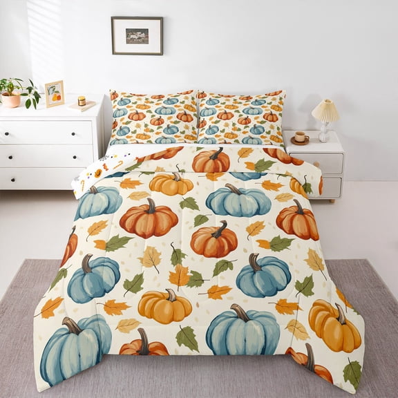 Manfei Autumn Harvest Pumpkin Bedding Comforter Set,Happy Halloween Twin Comforter Sets,Orange Maple Leaves Bedding Set,Microfiber Room Decorative Reversible,2 Pieces