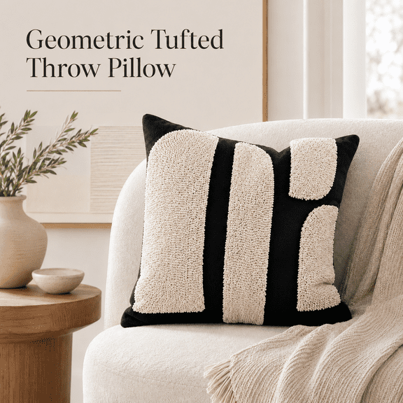 MORAVE 1PCS 18x18 Inches Black Cream Boho Pillow Cover, Chunky Tufted Geometric Woven Square Throw Pillow Case, Modern Neutral Sham for Bed Couch Living Room Decor