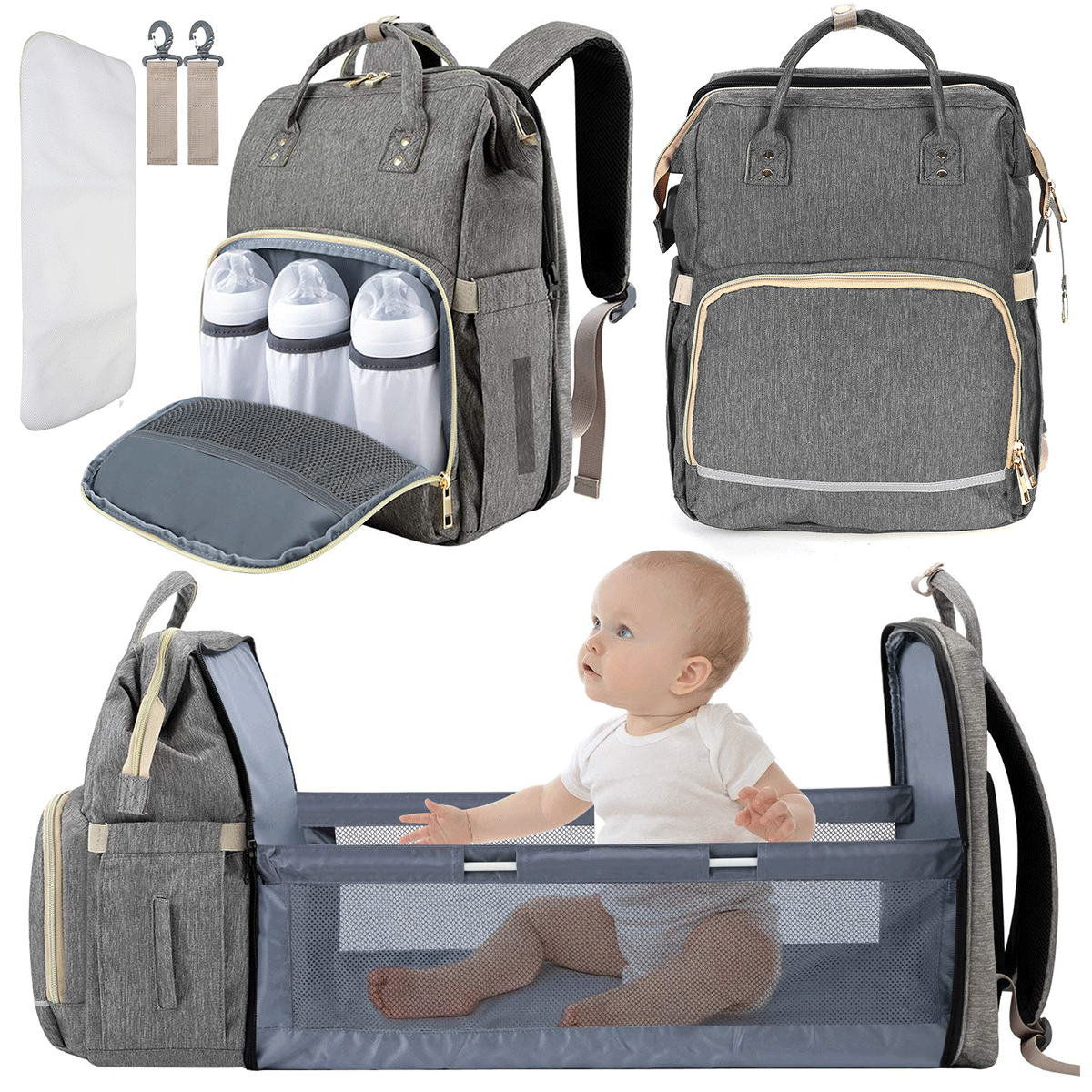Large Capacity Baby Crib with Small Pillow 4 in 1 Diaper Bags Backpack with Foldable Baby Bed Waterproof Travel Bassinet Baby Bags USB Charging Port 
