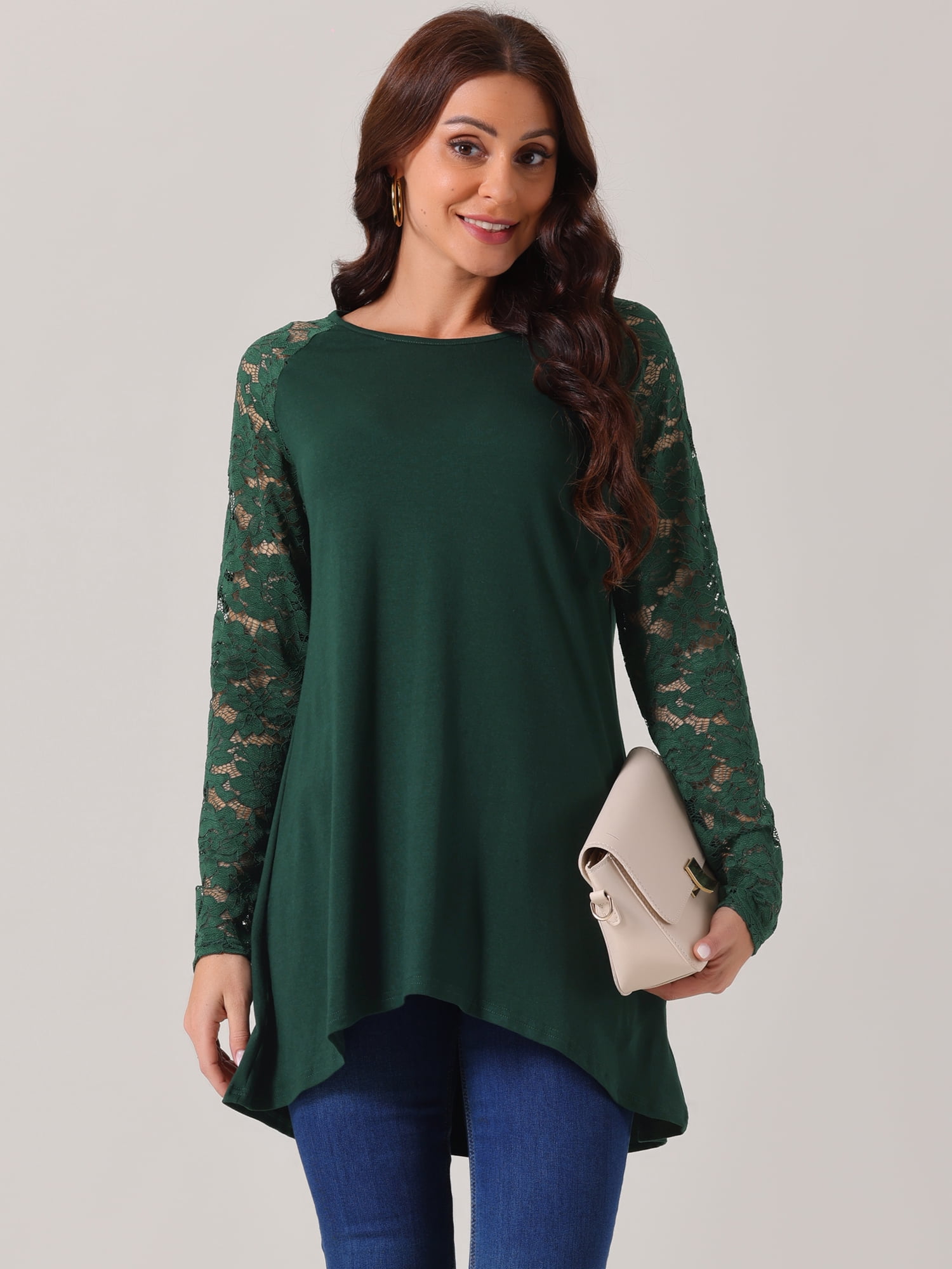 DARING DIVA Lace High Low Shirts Fall Blouse  L Dark Green