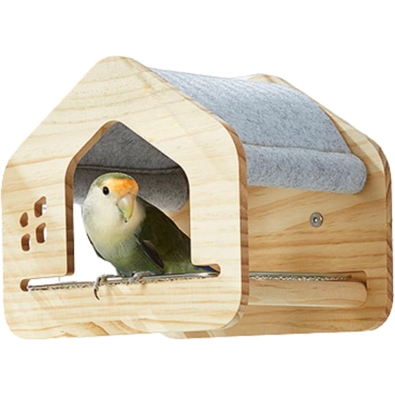 Wooden Parrot House with 304 Stainless Steel Grid, Wooden Bird Hideaway Perches for Budgie, Lovebird, Conure, Cockatiel Bird Cage Accessory