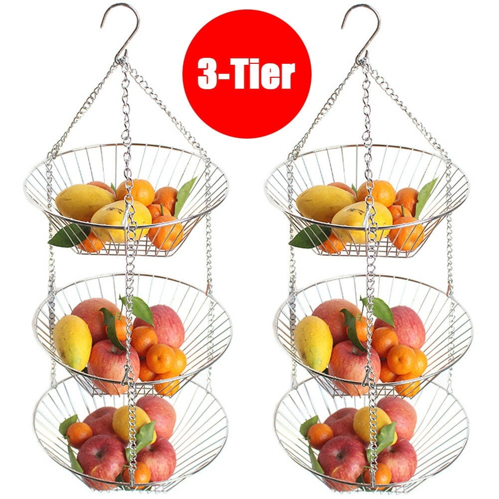 3 Tiered Hanging Fruit Baskets Adjustable Chrome Wire Produce Storage
