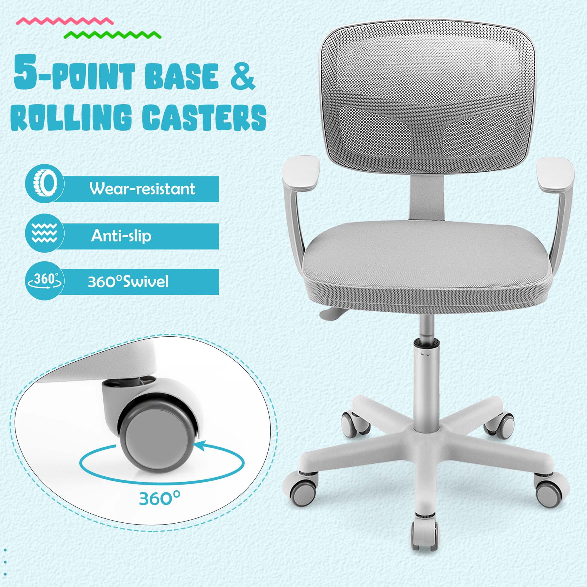 Costway Kids Desk Chair Study Computer Chair with Adjustable Height, Lumbar Support Grey