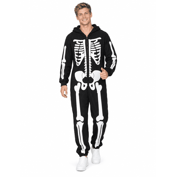 Ahititi Adult Skeleton Costume for Men, Hooded Skeleton Onesie Jumpsuit with Zip Front and Pockets, Soft Fleece Halloween Costume for Party, Cosplay,Dress Up,XL