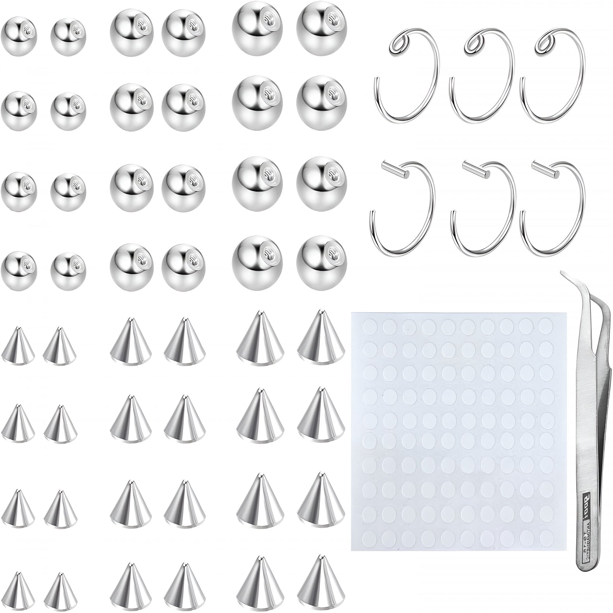 DESIGNICE Fake Eyebrow Ring Fake Lip Labret Studs Replacement Balls Spike with 100Pcs Sticker Non-Piercing Nose Rings Hoop Body Jewelry Skin 3Mm 4Mm 5Mm(Silver)