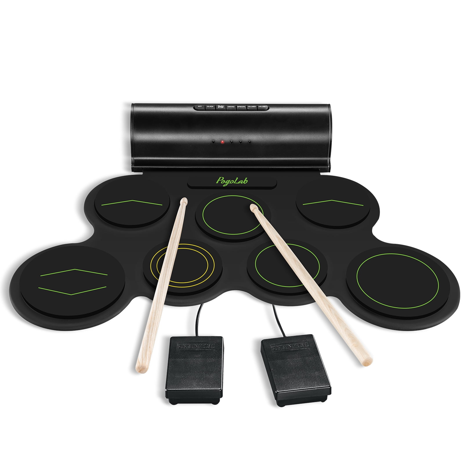 POGOLAB Electronic Drum Set, 7 Pads Roll Up Electric Drum Pad with Wireless Function, Portable Rechargeable Midi Drum Kit with Speaker/Pedals/Headphone Jack, Great Holiday Gift for Beginner