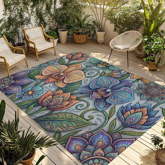 Vintage Colorful Floral Outdoor Rug for Patio/Deck/Porch, Non-Slip Large Area Rug 4 x 6 Ft, Spring Boho Vintage Abstract Art Indoor Outdoor Rugs Washable Area Rugs, Camping Rug Carpet Runner