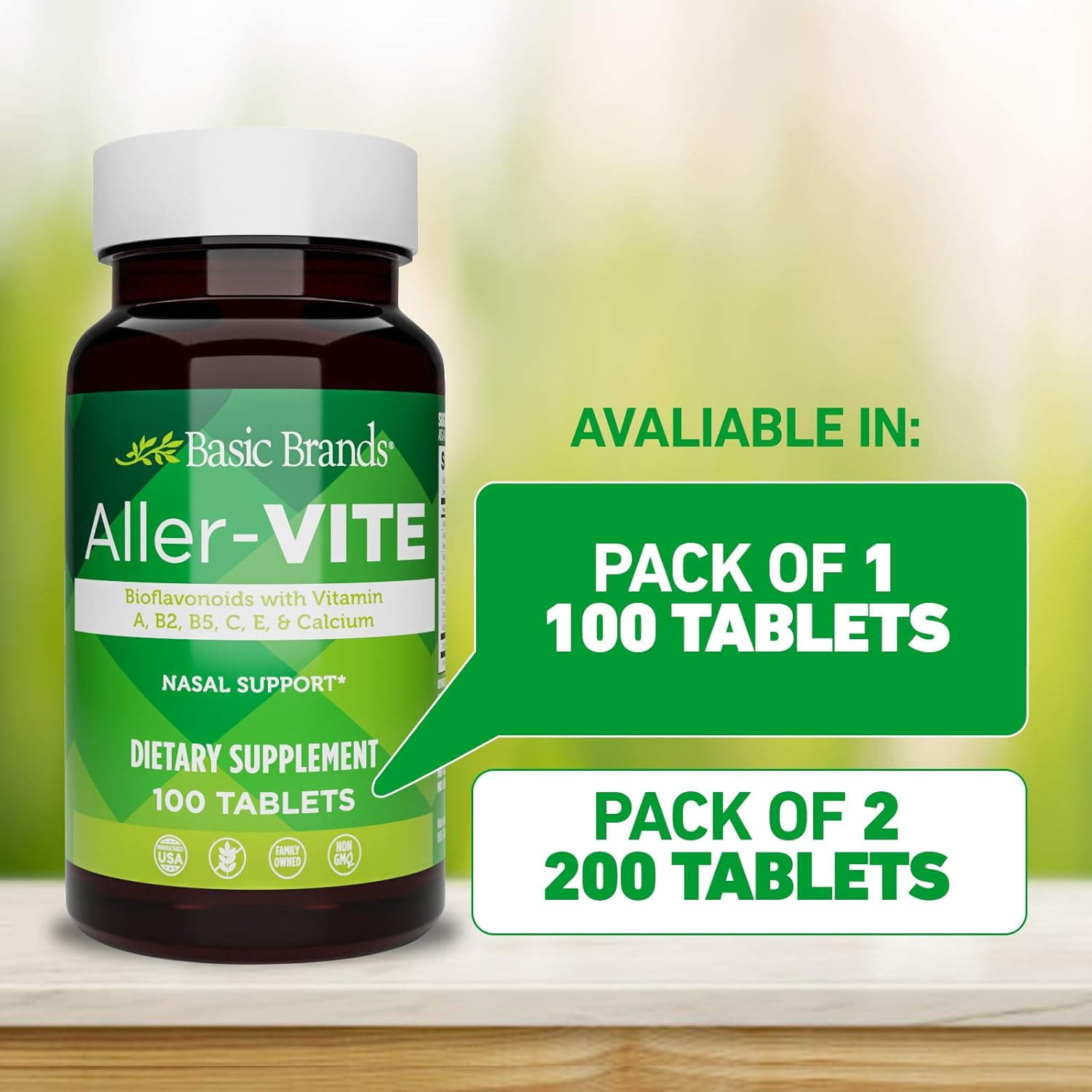 Basic Brands Aller-Vite Bioflavonoid Nasal Support for Itchy Eyes & Runny Nose, 200 Tablets