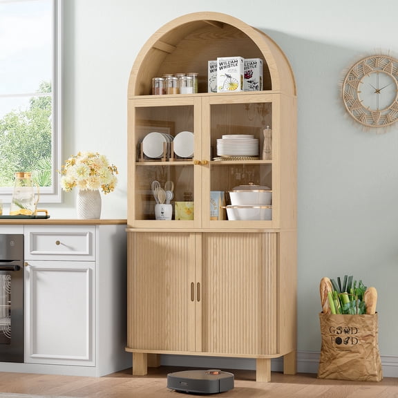 70" Tall Arched Kitchen Pantry Cabinet, Fluted Kitchen Storage Cabinets With Sliding Doors And Adjustable Shelves, Wood Bookcase Display Cabinet, Versatile Cupboard, Dining Room, Bathroom, Oak