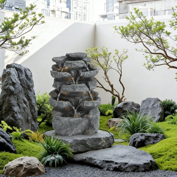 5 Tier Rock Cascading Water Fountain with LED Lights, 21.65in Freestanding Resin Waterfall, Ultra Quiet Pump, UV & Waterproof Relaxing Water Feature for Garden, Patio, Backyard, Porch Home Decor