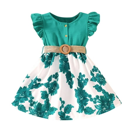 

Girls Dresses Summer Toddler Fly Sleeve Floral Prints Princess Dance Party Clothes Belt Formal Dress