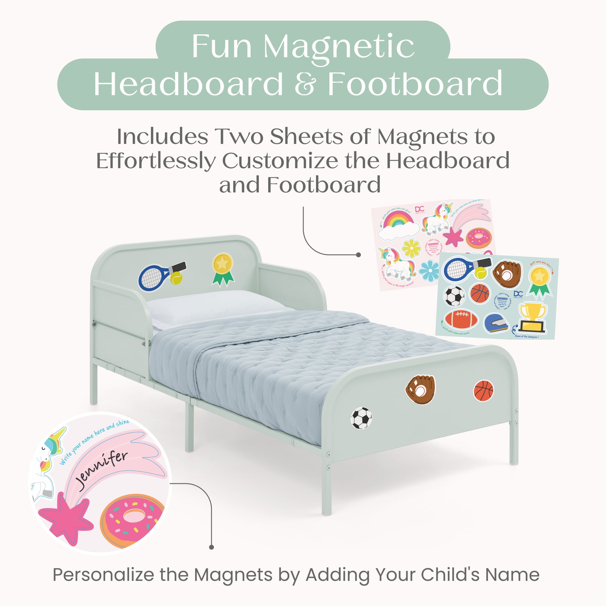 Delta Children Magic Magnet Toddler Bed with Customizable Magnets & Built-In Book Storage, Sage
