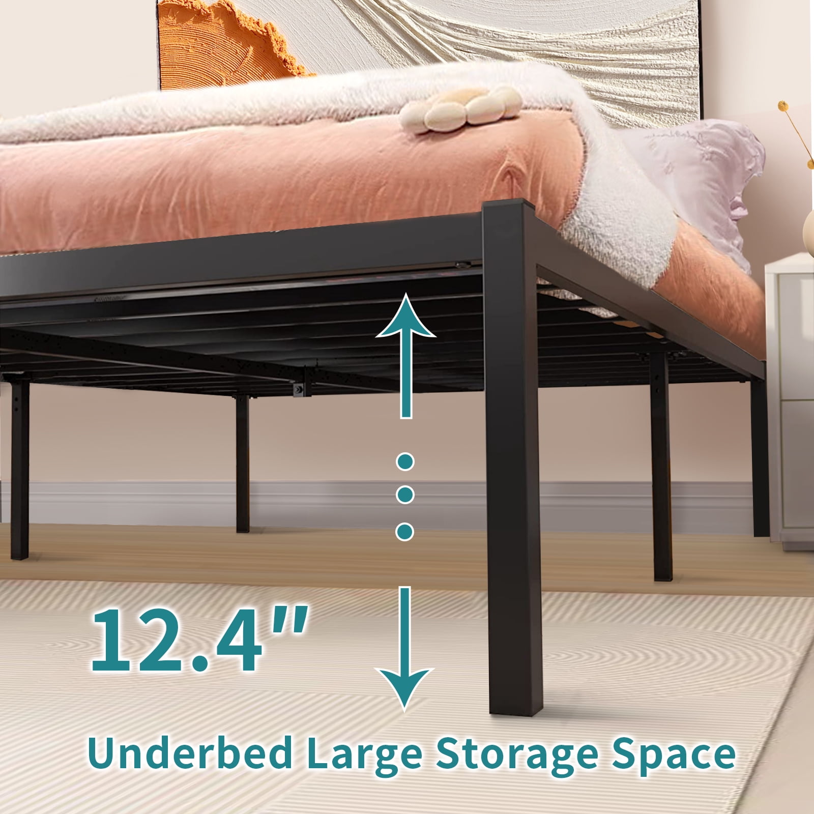 SUGIFT 14in Full Size Bed Frame Metal Platform with Steel Slats Support for Adult, Black