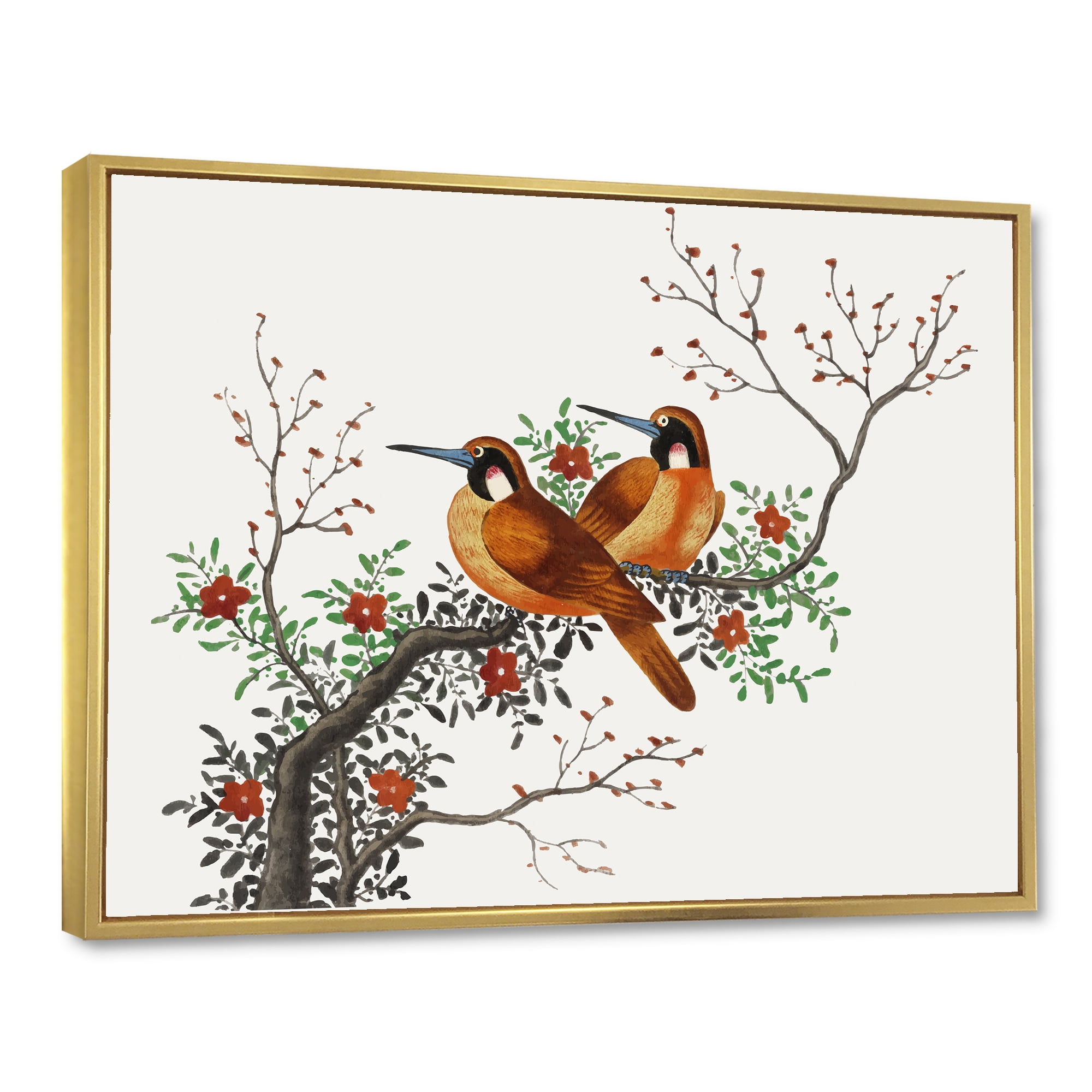Designart 'A Flowering Tree Branch With Two Chinese Birds' Traditional Framed Canvas Wall Art Print