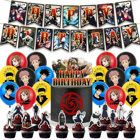 Jujutsu Kaisen Theme Birthday Party Decor Supplies Kits, Including Banner, Balloons, Cake Toppers, Cupcake Toppers.