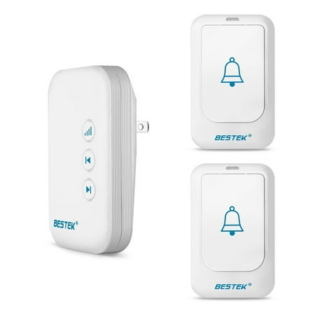 Wireless Doorbell, BESTEK Doorbell Kit Operating at over 500-feet Range with 2 Remote Buttons and 1 Plugin Receiver, LED Flash Lights, 36 Chimes for Home and Office (FCC