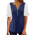 thumbnail image 1 of Plebaso Hauts d'Été pour Femmes Patchwork Dentelle Manches Courtes Tunique Décontractée Boutonnée Col en V Blouses Habillées, 1 of 6