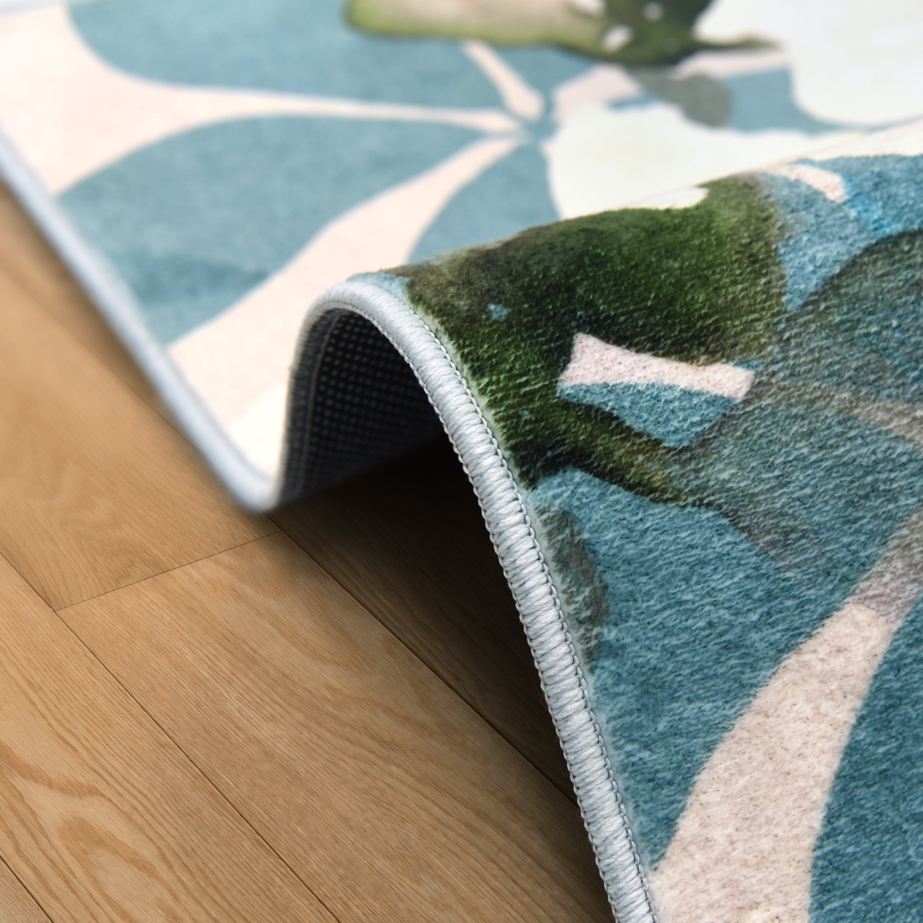 Peach Teal Floral, 5'x8' Hand Washable Flowers Art Area Rug