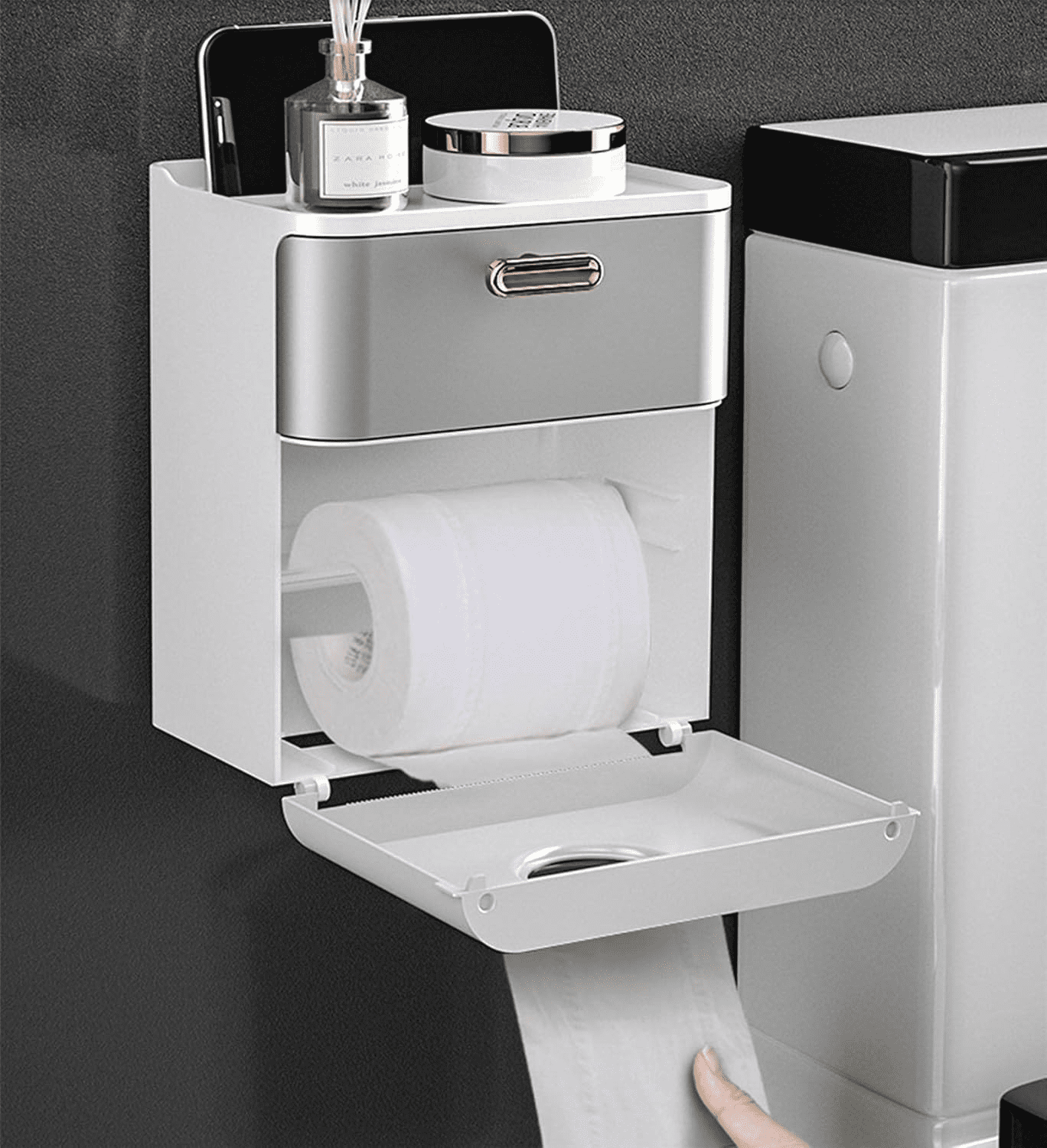 Wall Mounted Toilet Paper Holder with Drawer & Shelf, No-Drill Bathroom Tissue Box Organizer