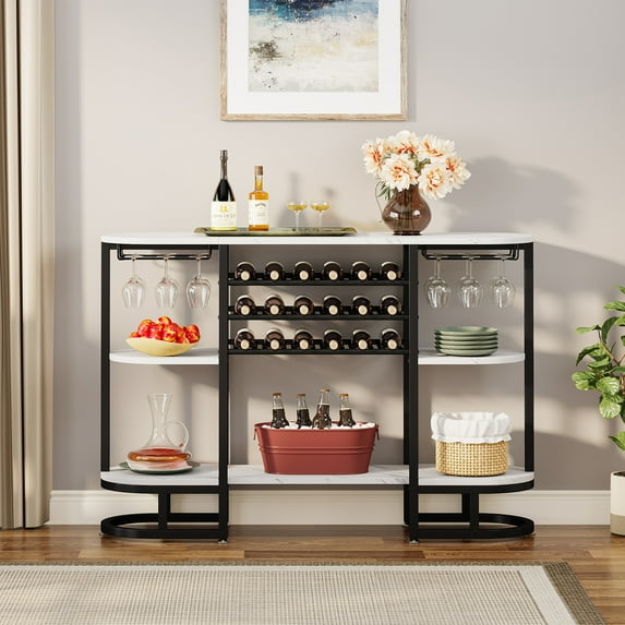 Tribesigns 18-Bottle White Wine Rack Table with 12 Wine Glasses Holder, Freestanding Liquor Bar Cabinet with Wine Storage Display for Home Bar