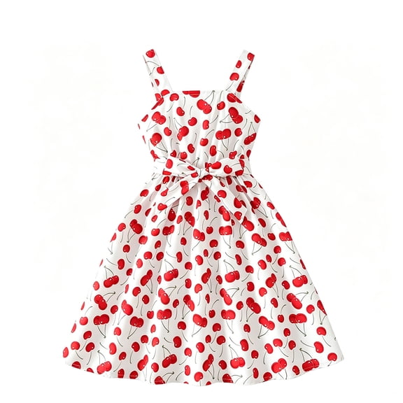 Bmisegm Girls Summer Dresses Cherry Print Sleeveless A Line Swing Bowknot Waist Casual Toddler Summer Dress