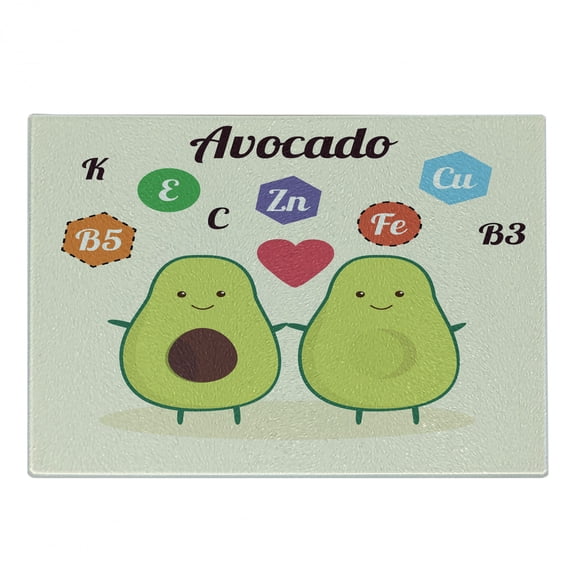 Avocado Cutting Board, Illustration with Funny Characters and Healthy Food Vitamins Contained in Avocado, Decorative Tempered Glass Cutting and Serving Board, in 3 Sizes, by Ambesonne